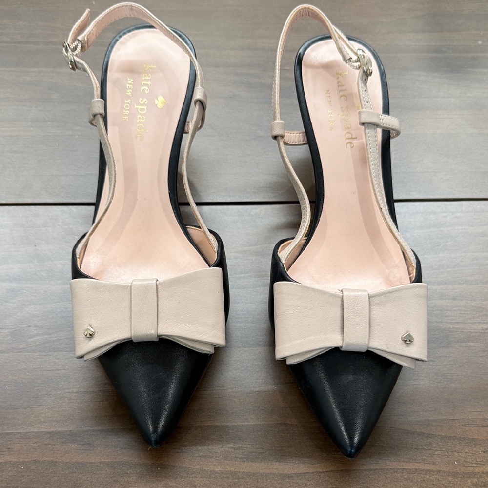 Kate Spade Black and CreamBow Pointed-Toe Slingback Heels with Ankle Strap